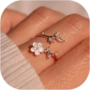 Adjustable 14K Gold/Silver Plated Flower Ring for Women, CZ & Mother of Pearl Non-Tarnish Jewelry Gift Size 7-11