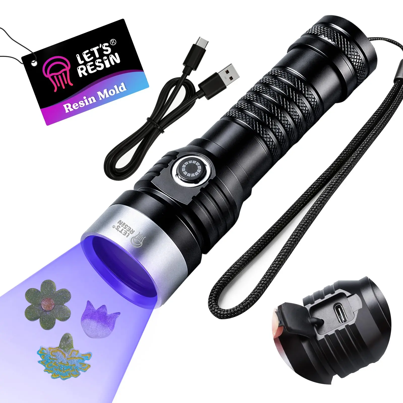 LET'S RESIN UV Flashlight 365nm UV Light for Resin Curing, 7 LED Lamp, USB-C Rechargeable 3000mAh Black Flashlight, Portable UV Cure Lamp for R