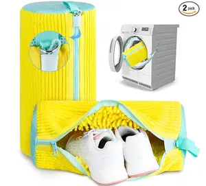 2-Pack XXL Shoe Washing Machine Bags – Reusable Sneaker Laundry Bags for Washer & Dryer, Sturdy Zipper with Hook, 360° Clean for Tennis Shoes, Slippers – Includes 2 Yellow Shoe Dust Bags