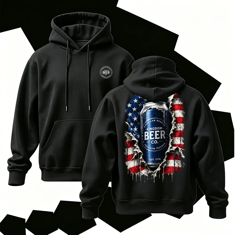 American Flag Beer Can Graphic Hoodie | Patriotic 1776 Graphic Sweatshirt | Vintage Aesthetic Streetwear Hooded Top | Trendy Pullover Men Women Unisex