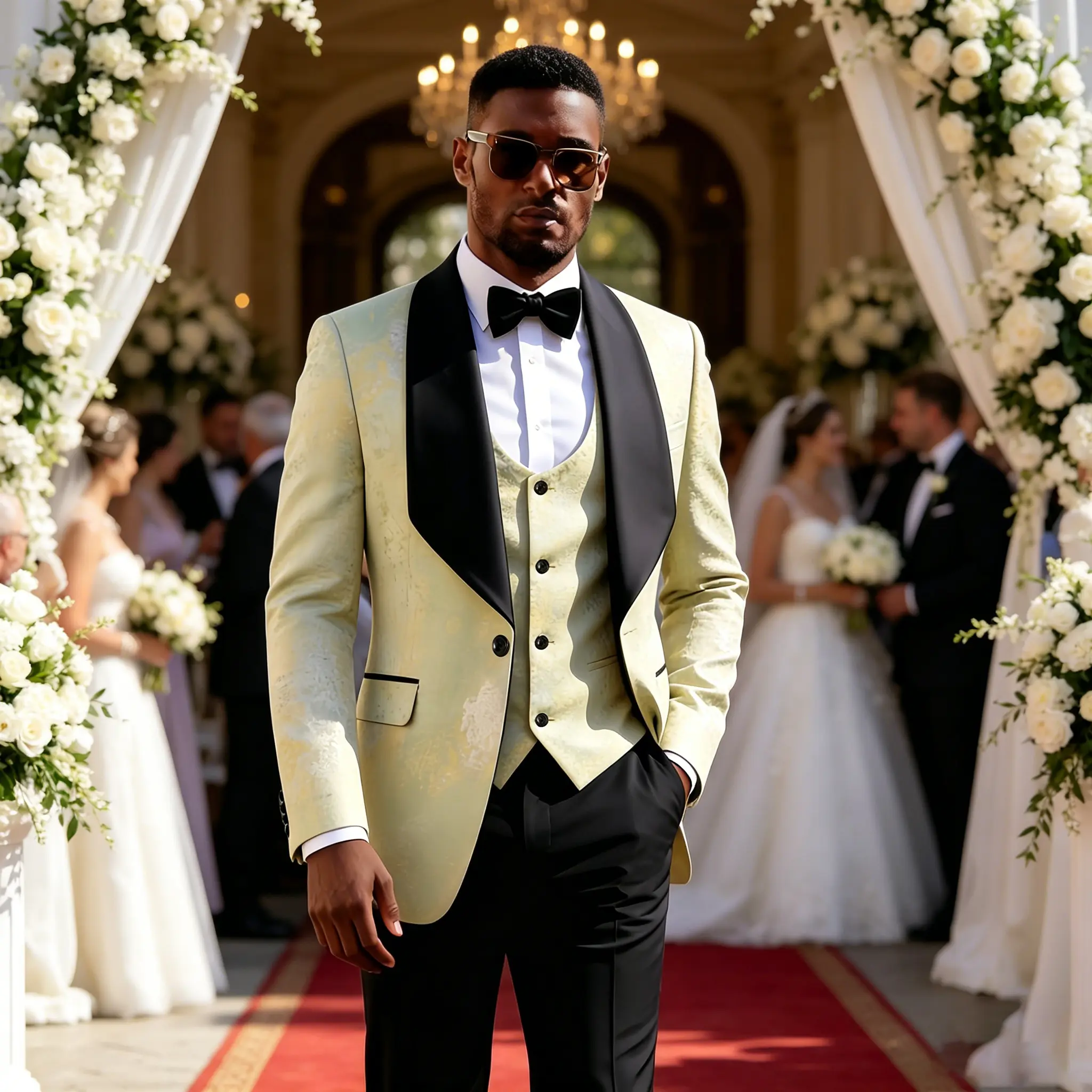 Men's 3-Piece Batik Dyeing Jacquard Tuxedo Suit - Luxury Yellow Formal Wear with Long Sleeve Jacket & Blazer for Wedding, Prom, Satin, Slim Fit, Menswear, Matching