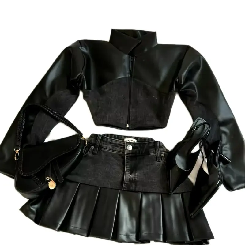 Pleated Leather Spliced 2pc Set - Black Top & Skirt, Womenswear, Stylish Design Clothing