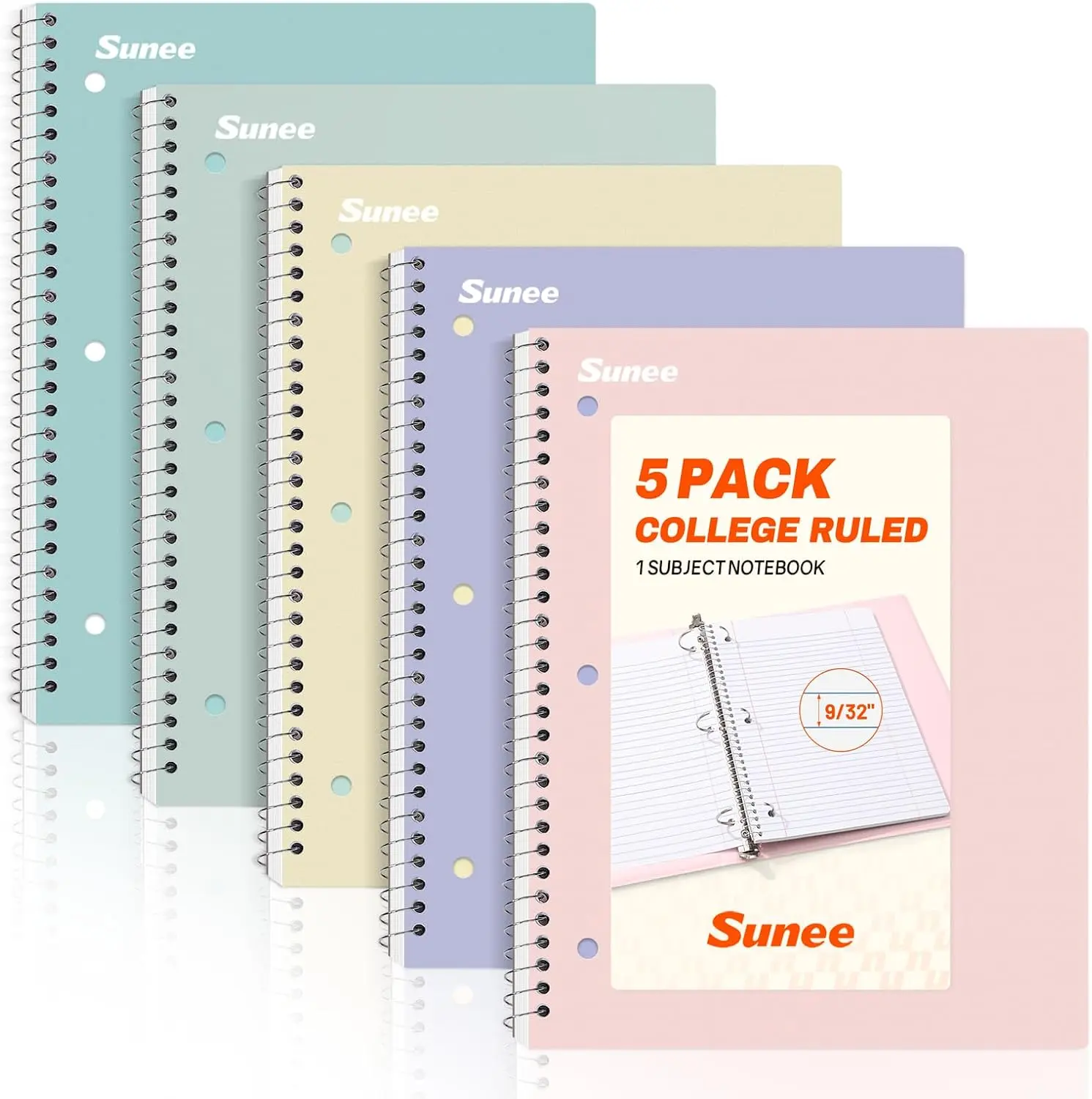 SUNEE Spiral Notebooks, 5-Pack 1-Subject College-Ruled 3-Hole Punched Notebooks, 8in x 10.5in, 70 Sheets Each, Assorted Colors (Pink, Purple, Blue, Green, Yellow) for School, Office Use