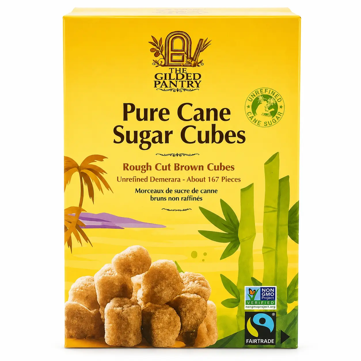 The Gilded Pantry Pure Cane Brown Sugar Cubes - Rough-Cut Demerara, Natural Sweet Flavor, Fair Trade, GMO-Free, Non-GMO Project Verified, Cholesterol-Free, Biodegradable, No Artificial Colors, 17.6 Oz, 167 Pieces, Perfect Gift for Tea, Coffee, Belize