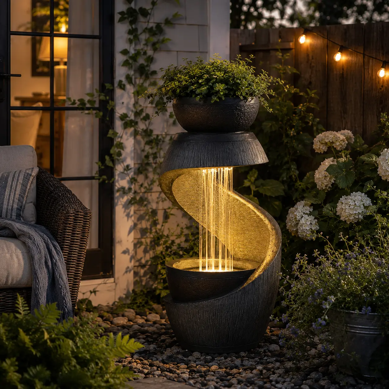 Tankana 31.9-in S-Shaped Resin Freestanding Fountain - LED Waterfall, Planter, Bird Bath, Patio Focal Point for Outdoor Home Patio Decor Statue (Home Supplies, Outdoor Decor)