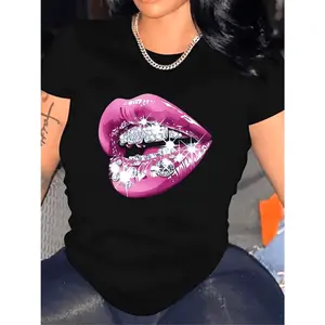 Women'S Elegant Casual Black T-Shirt With Sparkling Purple Lips & Diamond Accents - Soft Round Neck Short Sleeve Top Ma Everyday Cotton T-Shirt