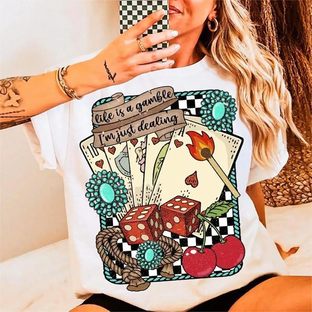 Life Is A Gamble T-Shirt Retro Turquoise Western Country Wild West Gifts Retro Cowboy Graphic Made In USA For Women For Men [SaffronSequin 180G/230G 100% cotton short-sleeve/hoodie, soft and comfortable] Womenswear