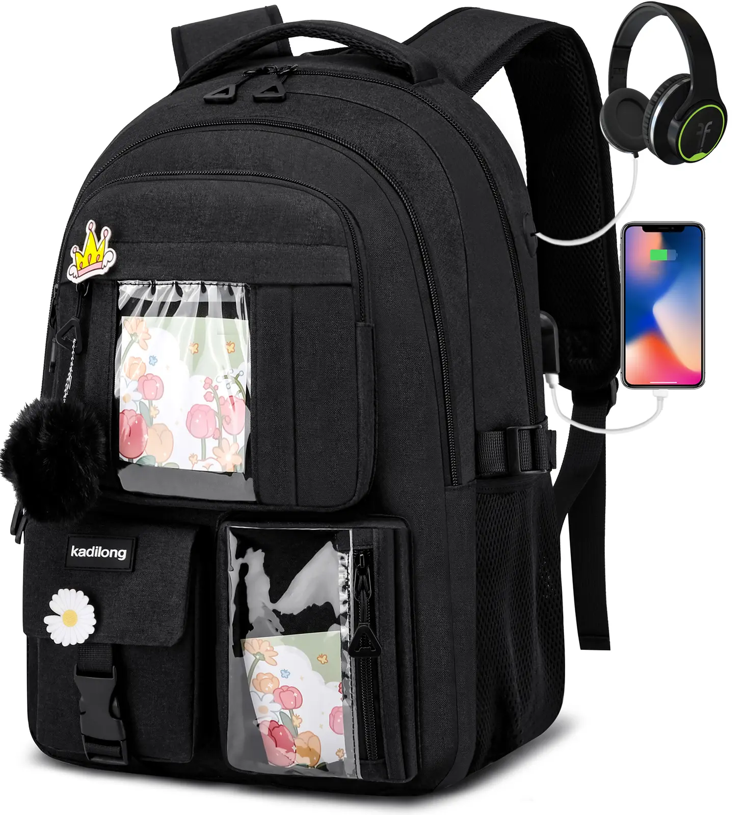 Cute College Laptop Backpack for Teen Girls, Waterproof Travel Bookbag for School with Bow, USB Port & 15.6 Inch Compartment, Backpacks For School, Teen Girl Gifts, Laptop Compartment Backpack