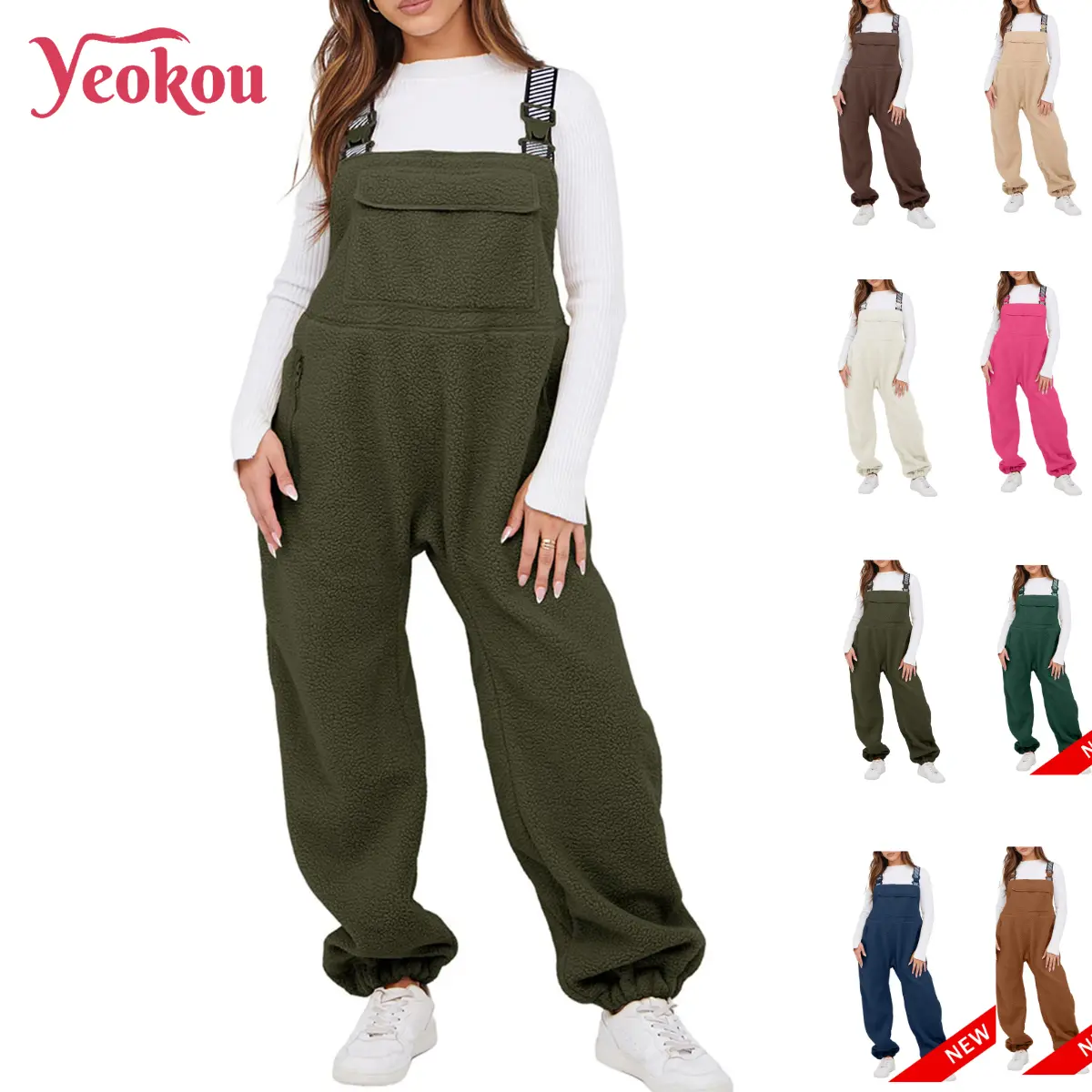 Yeokou Women  Fleece Overalls One-piece Bibs Jumpsuits Adjustable Suspender Straps Warm Winter Fuzzy Ski Pants