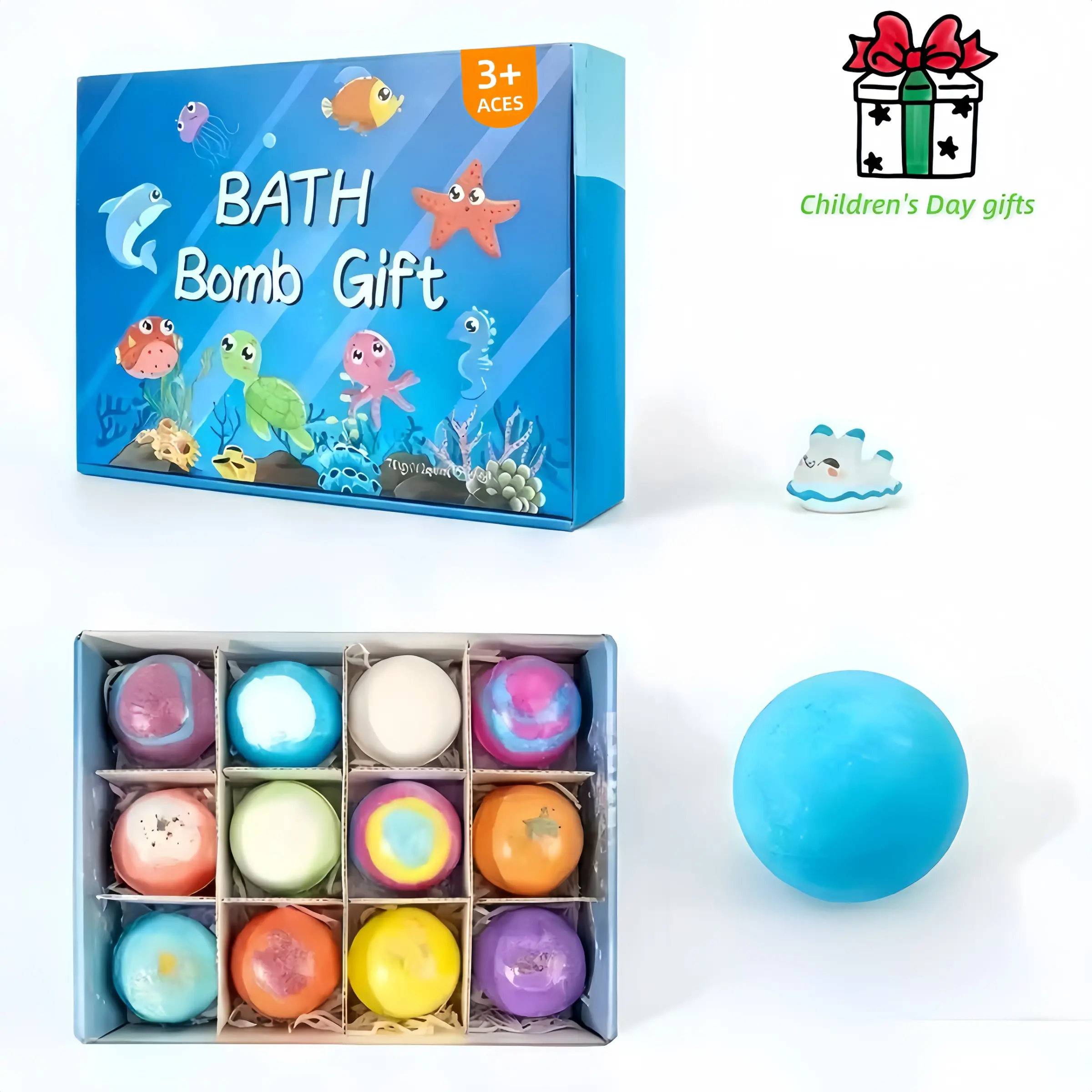 Ocean Toy Bath Salt Ball Set, 12 Bubble Bath Balls with Kids Bathtub Toys Gift Box, Fun Day Present, Ideal for Kids Bath Bubbles