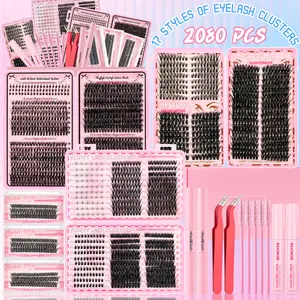 2080Pcs 40D/60D/80D/100D Volume/Manga/Spikes/Cat Eyes/Bottom Clusters Portable Lash Makeup Kit Wispy Individual Eyelash Extensions, Volume Studio Effect Lashes Kit with Lash Bond and Seal Remover Tweezers Brush for Beginners DIY at Home Easily Cosmetic