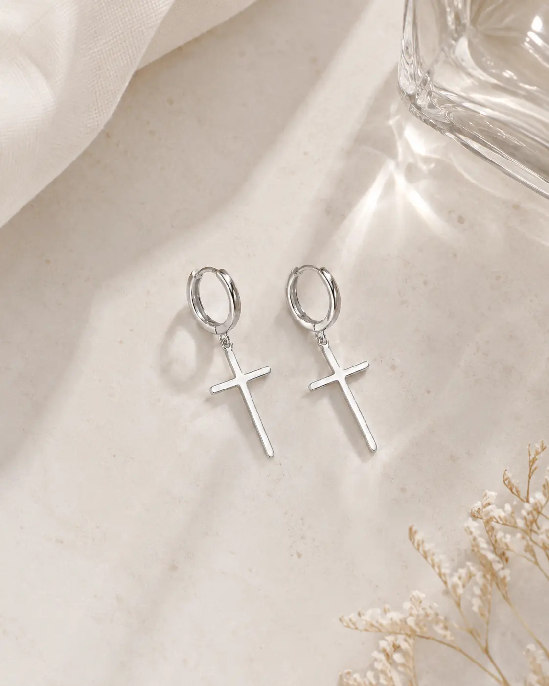Sacred Motion S925 Sterling Silver Cross Motif Huggie Earrings - Unisex, Lightweight, Minimalist Drop Hoops for Everyday Wear