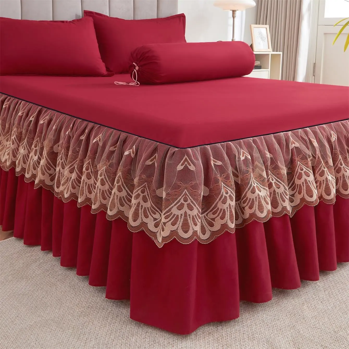 Modern Solid Color Ruffle Lace Detailing Bed Skirt Set, Elegant Soft Dustproof 3-Piece Bedding Set for All-Season Bedroom Decor
