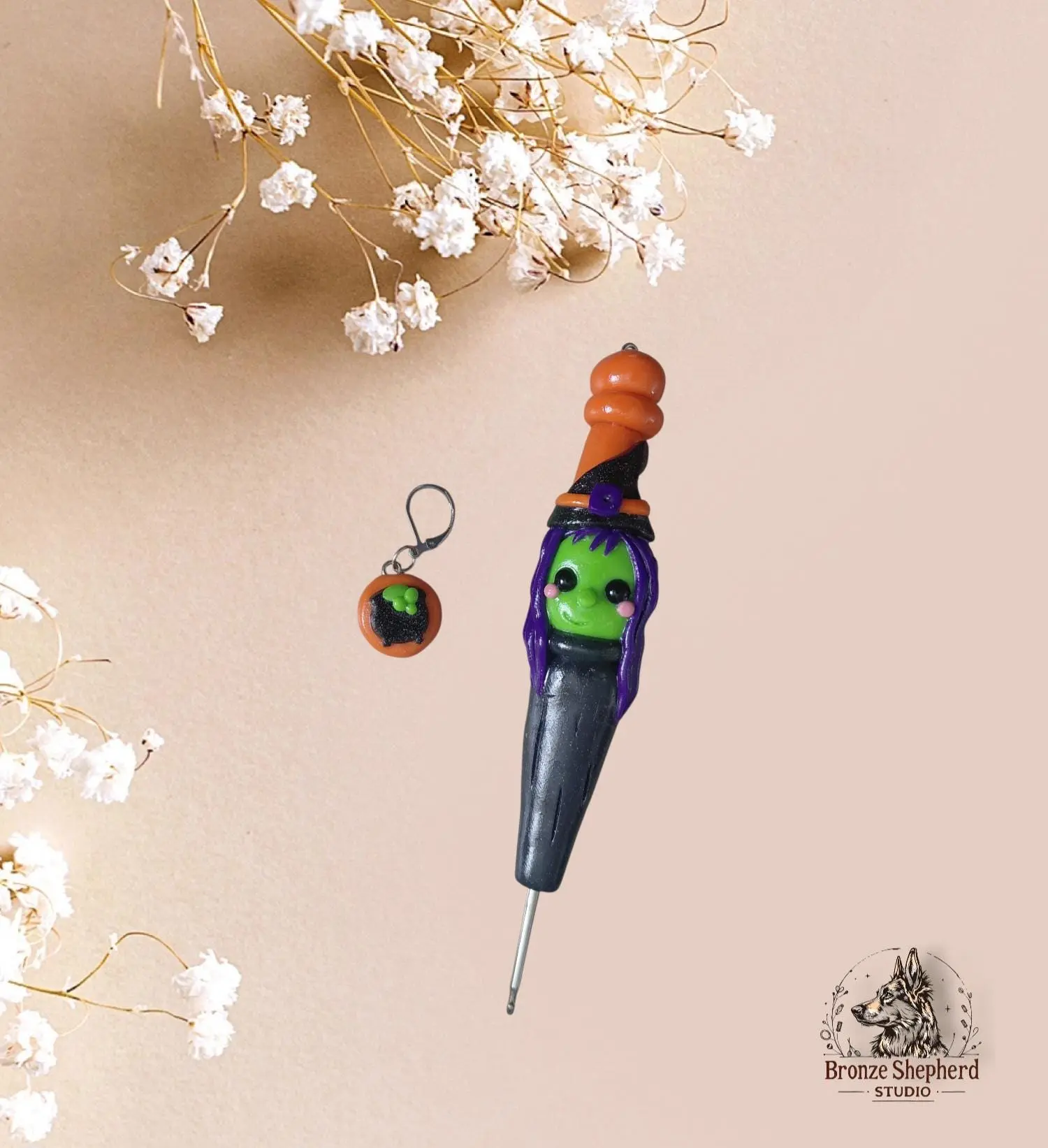 Polymer clay cute witch crochet hook / kawaii green witch crochet hook / fall halloween crochet hook knitting accessory