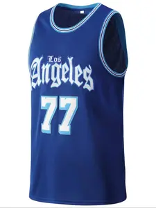Men's 77 Blue Embroidered Basketball Jersey, Jersey Tee, Casual Short Sleeve Vest, Fitted Summer Sportswear, Long Clothing Length, H Type Silhouette, Jersey Tops