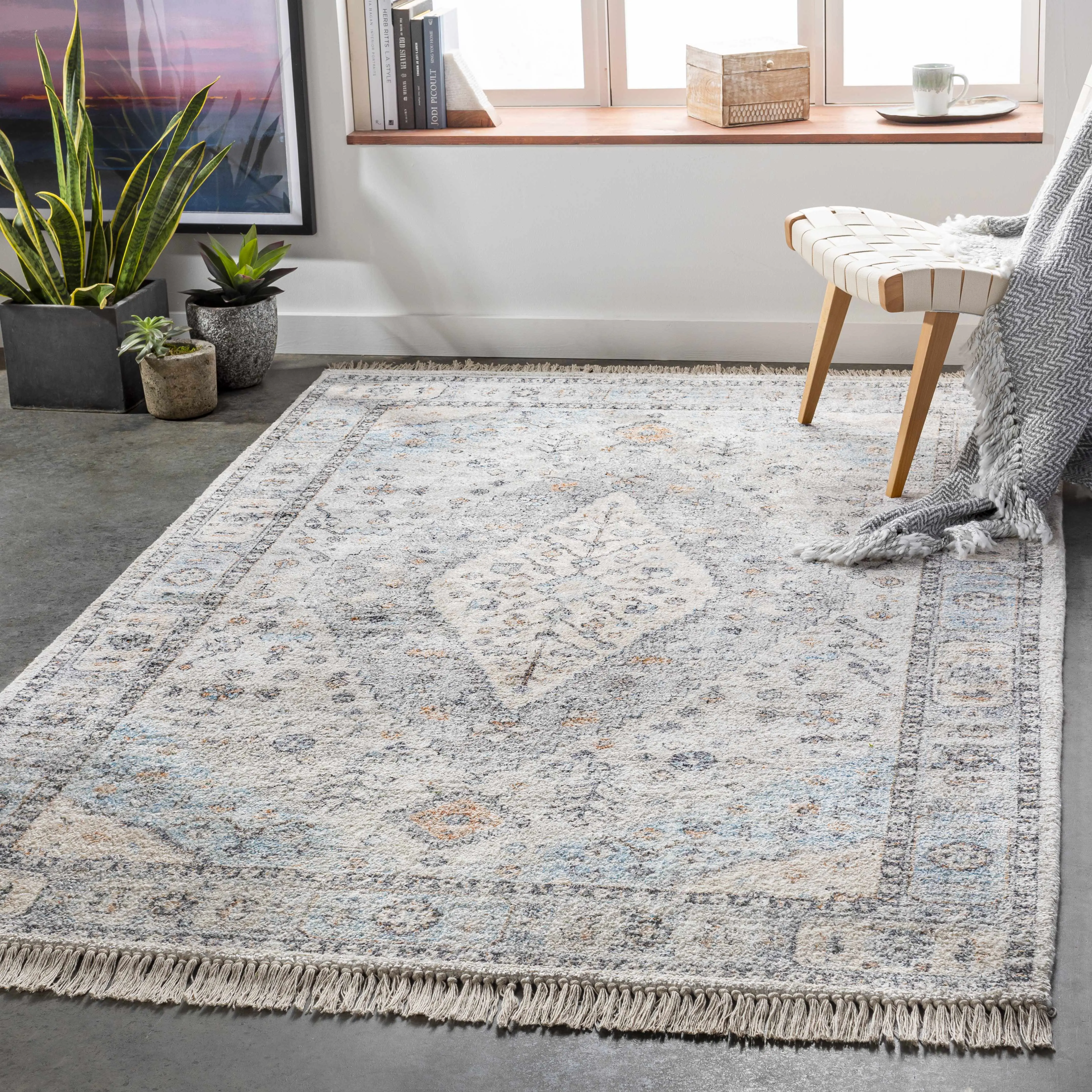 Fernhurst Distressed Beige Viscose & Cotton Indoor Rectangle Decorative Floor Rug - Clearance Floor Rugs