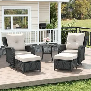 【3 Packages Shipping】LayinSun 5-Piece Outdoor Wicker Swivel Rocking Chairs with Rattan Side Table and ottoman, Patio Furniture Set with 6-inch Comfy Cushions for Garden, Backyard, Porch