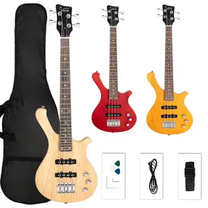 36-in 101 Small Scale Electric Bass Set - Mahogany Body, SS Pickups, Arch Top, Extra Metal Strings, with Bag, Strap & Cable, for Beginner Kids (Red, Natural, Yellow)