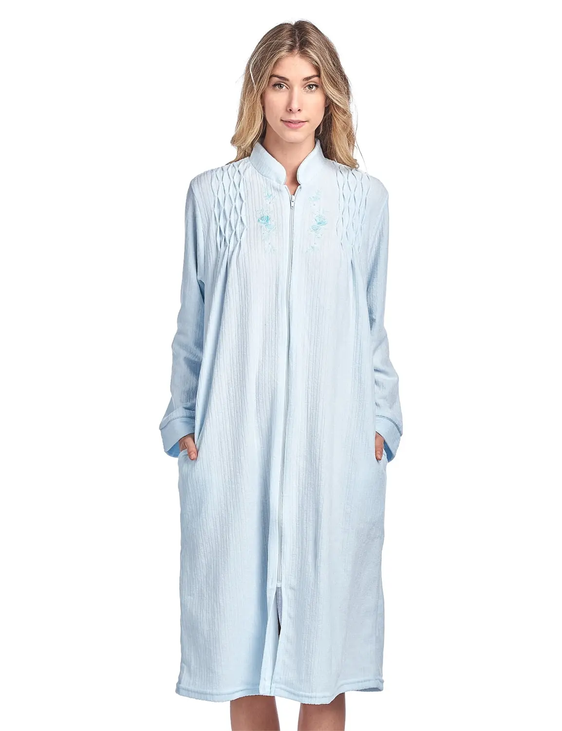 Casual Nights Women's Lightweight Duster Robe, Elegant & Smooth Jacquard Terry Fleece with Zip Front, Floral Embroidery, and Pockets for Everyday Wear, Nightwear, Fabric, Zipper, Relaxed Fit, Floral Print, Piping Accents, Comfortable, Terry Poly
