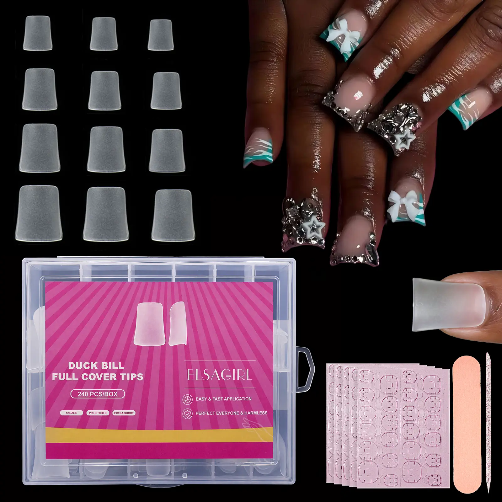 ELSAGIRL 240 pcs Duck Nail Tips Extra Short 12 Sizes Full Cover Press on, Pre-etched for Acrylic Design, Clear Pre-applied Tip Primer Soft Gel Y2K Flare Fake False Nail Extension Full Coverage Diy Nails