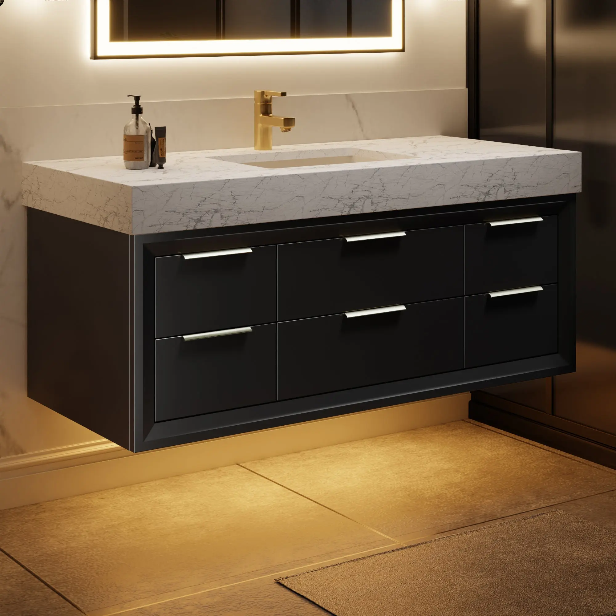 Glam 48 Inch Bathroom Vanity with Top - Modern Floating Black Rubberwood Cabinet with Lights and Stone Slab Countertop, Single Sinks