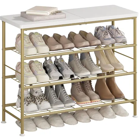 LINZINAR 4-Tier Corrosion-Resistant Metal Frame Wood Shoe Rack Organizer - Rectangle Unit with MDF Top Board, Adjustable 16-Pair Shelf, Rotatable Storage for Entryway, Desk, Decorative Fit for Heels+Sneakers (Assembly Required)