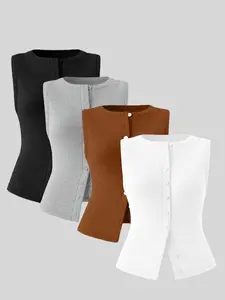 Women's Solid Color Round Neck Button Front Tank Top, Basic Casual Sleeveless Top Workwear for Work Office Business, Ladies Clothes for All Seasons, Womenswear