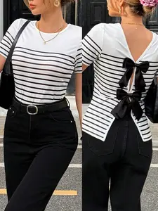 1 Piece Women's Striped Bow Short-Sleeve Top Blouse | Euro-American Casual Vibe | Back Decoration + Slim-Fit Cut | Youthful Pick for Weekend Errands / Casual Dates