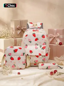 Strawberry Print Backpack Set, Cute Girl Style Student Backpacks, Kawaii Backpack, Includes Crossbody Bag & Pencil Case, Large Capacity, Waterproof, Durable