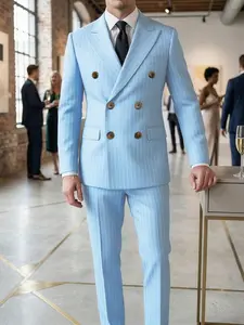 Men's 2-Piece Blazer Set, British Style Striped Double-Breasted Suit Jacket and Pants, Business Casual, Wedding Party, Evening Event