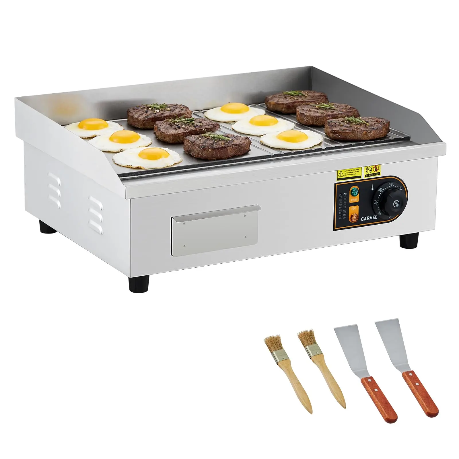 Garvee Commercial 22in Stainless Steel Half-Flat Top Griddle with 1700W Power, Includes 2 Shovels and 2 Brushes, Ideal for Home or Restaurant Use