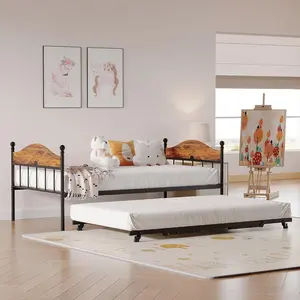 Gaomon Rustic Brown Twin Daybed with Foldable Raised Trundle, Easy Setup Metal Sofa Bed Frame, Stylish Headboard, Heavy Duty Steel Slats Platform for Living Room, Bedroom (Indoor Furniture Set), Foldable Trundle