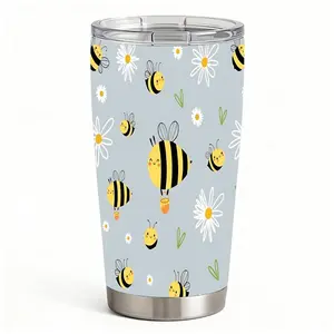 20oz Cute Cartoon Bees Daisies Stainless Steel Tumbler， Tumbler with Lid Double Wall Vacuum Insulated Travel Mug