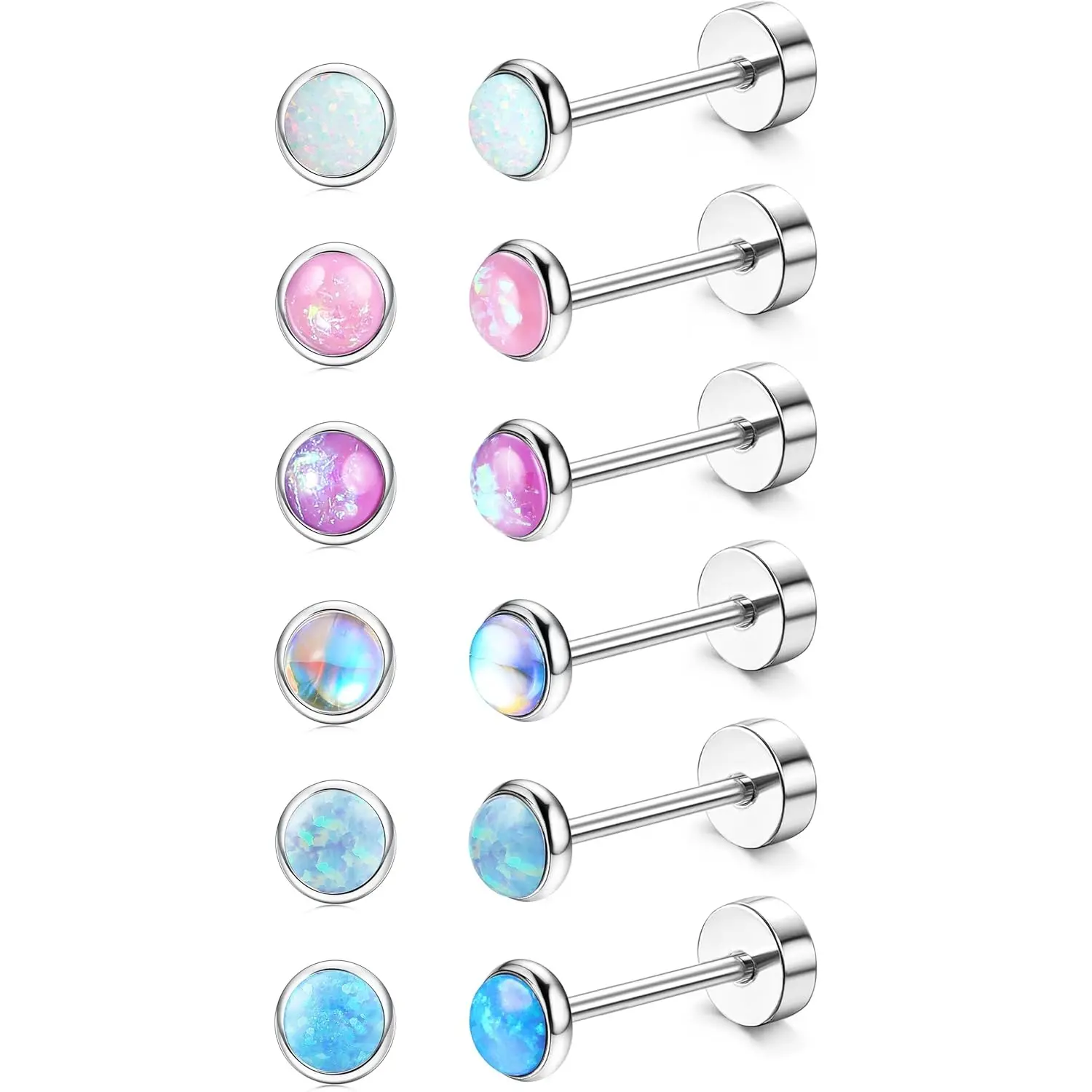 FIBO STEEL 6 Pairs G23 Titanium Flat Back Stud Earrings Set for Women Men 2/4mm Opal CZ Ball Cartilage Tragus Piercing Jewelry Hypoallergenic
