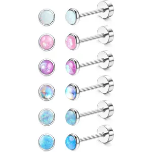 FIBO STEEL 6 Pairs G23 Titanium Flat Back Stud Earrings Set for Women Men 2/4mm Opal CZ Ball Cartilage Tragus Piercing Jewelry Hypoallergenic summerwins
