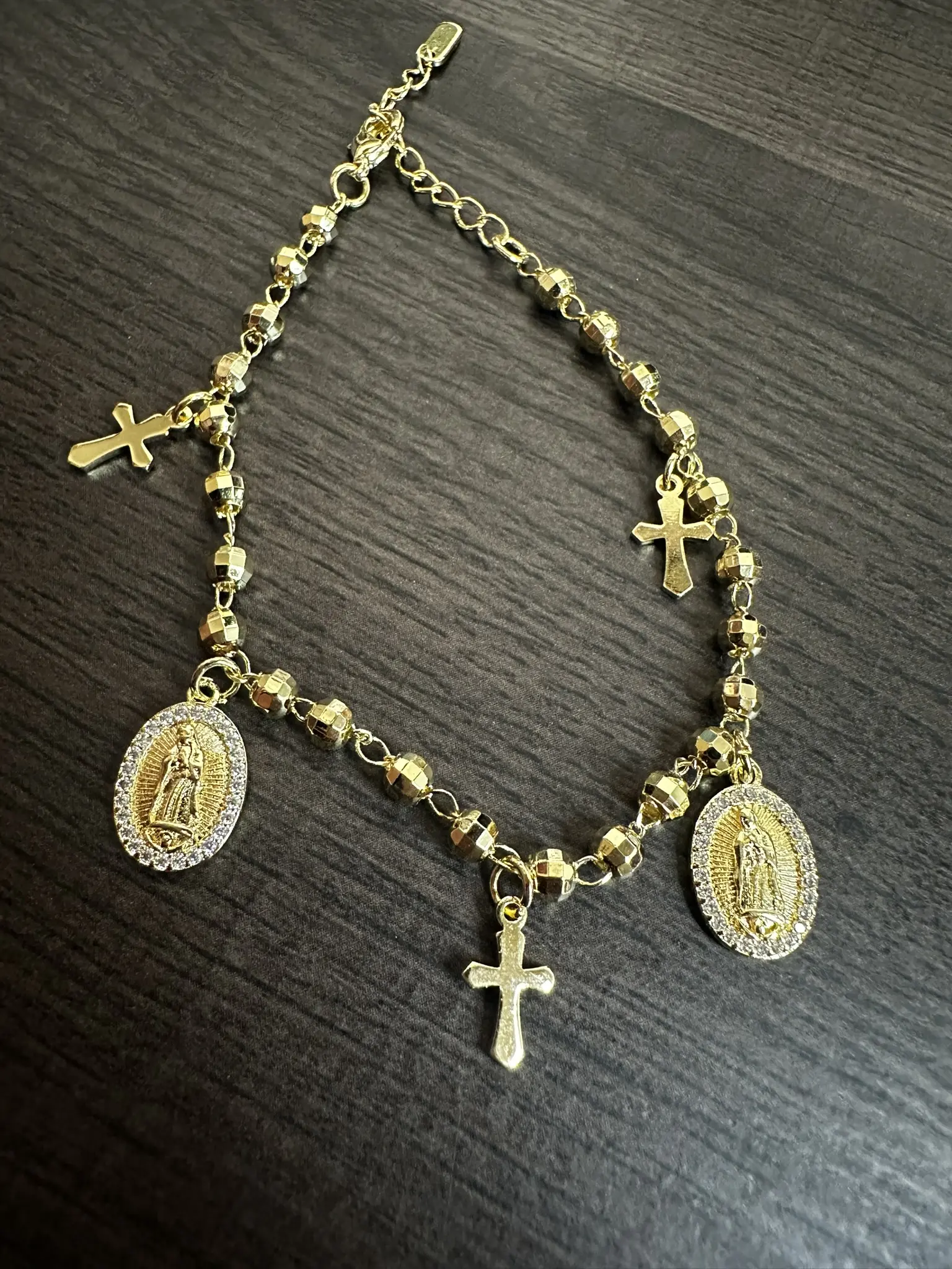 Gold Plated Chain Jewelry Bracelet - 7" Adjustable to 8" with Cross and Medal Charms, Costume Fashion Bracelets & Bangles Accessory, Chain Jewelry Bracelets & Bangles