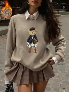 Fall Winter Women's Round Neck Knitted Pullover Top, Soft and Warm Mock Wool Knit, Playful Bear Print, Casual Long Sleeve Layering Knitwear Womenswear Knitting
