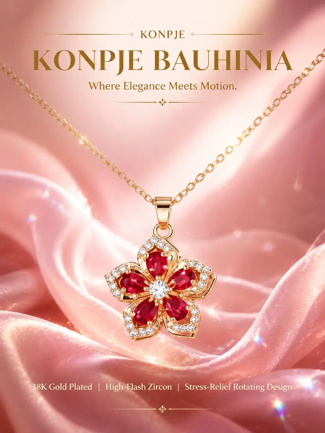 KONPJE Women's Hypoallergenic Rotating Flower Copper Alloy+Cubic Zircon Necklace - Gold-Tone Long Spinning Pendant, Daily Coquette Fidget Jewelry for Anxiety Relief, Accessories for Women, GF Gift, Casual, Everyday, Birthday