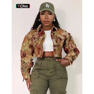 Women’s floral print cropped jacket with front buttons, casual long-sleeve collared outerwear for fall and winter, ladies’ clothing for everyday wear GARMENTARY