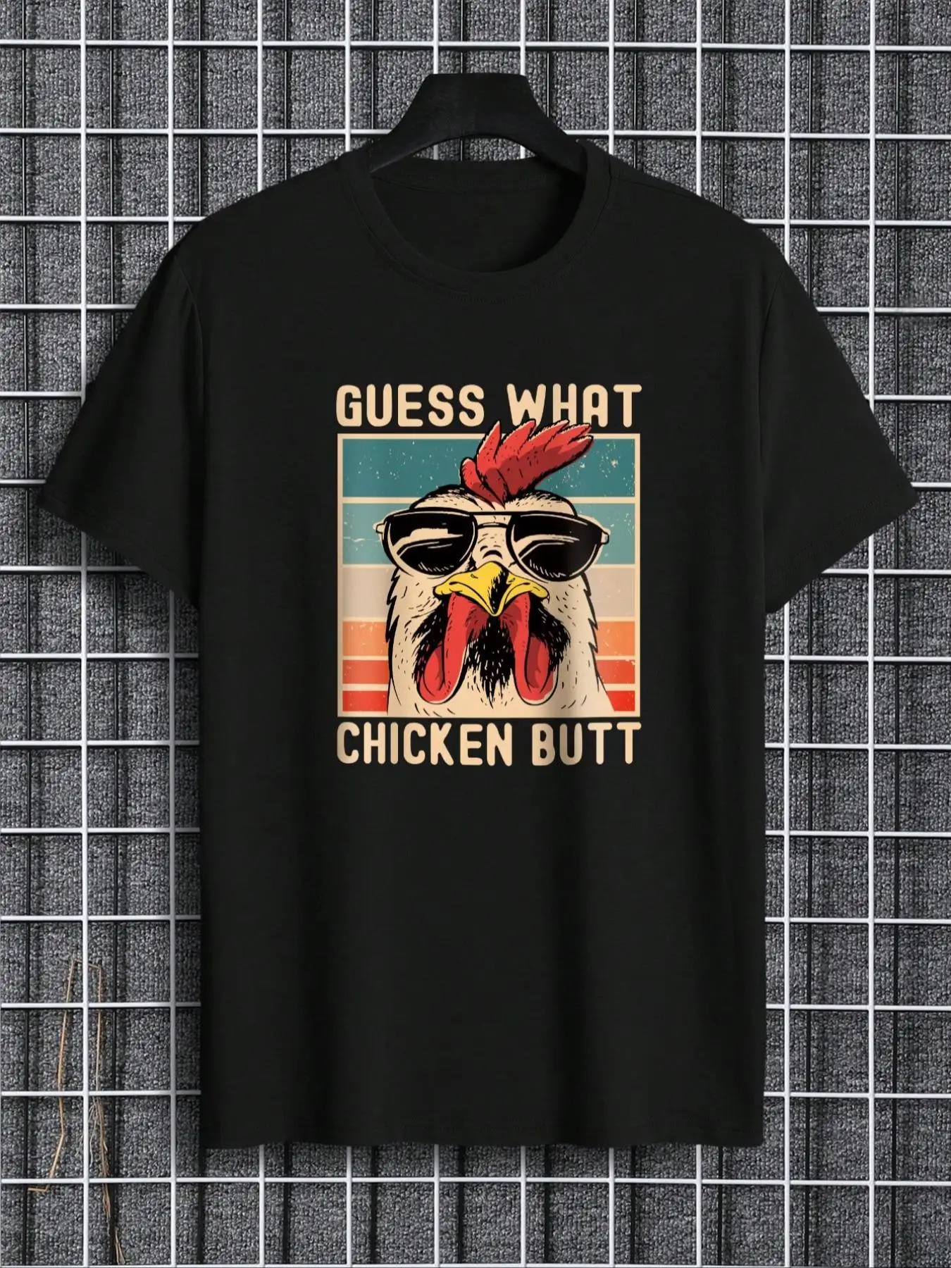 Men's Regular Fit Letter & Chicken Print Round Neck Tee, Summer Clothes Casual Soft Comfortable Short Sleeve T-shirt For Daily Wear, Men's Top For Sum