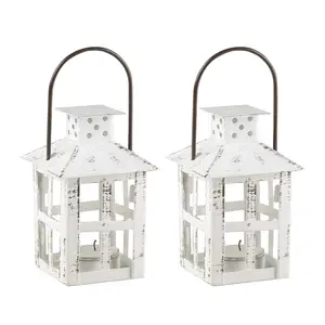 Kate Aspen Decorative Lanterns - Set of 2 - Vintage Metal Lantern Candle Holders for Wedding, Home Decor and Party - 7.5" H (9.8" H with handle) – White
