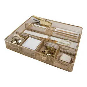 Office Desk Drawer Organizer Tray - 4 Compartments including Sticky Note Holder - Small Gold Metal Mesh Office Supplies and Accessories Tray