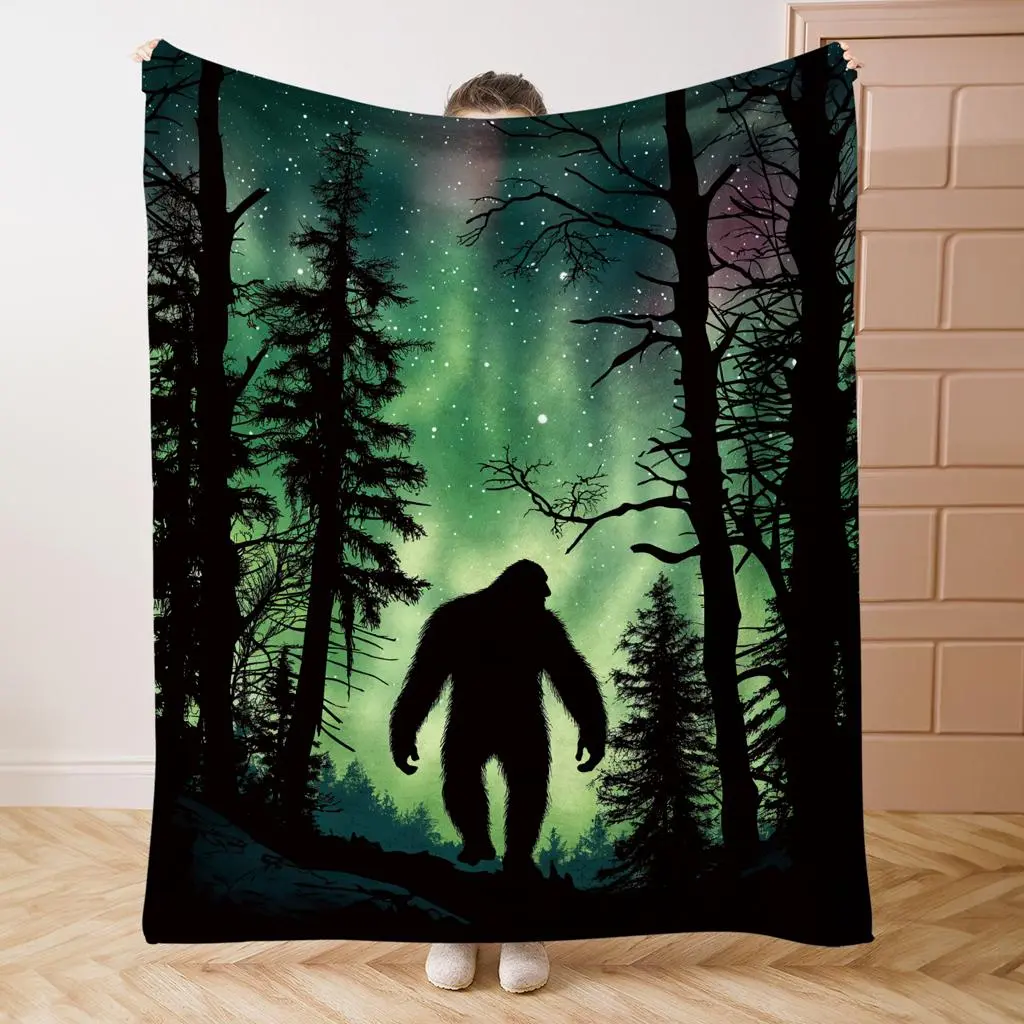 Bigfoot Pattern Flannel Blanket, Figure Print Blanket, 1 Count Soft Comfortable Throw Blanket, Cool Bedroom Bedding Blankets, Warm Napping Blanket for Home Office Travel Camping, Soft Lightweight Blanket, Soft Cozy Blanket, Printed Flannel Blanket