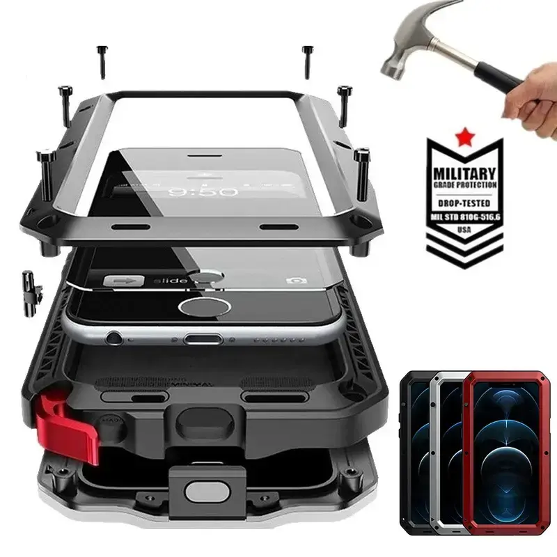 IP54 Waterproof Heavy Duty Metal Case For iPhone 17 Air 16 15 Pro Max 14 Plus 13 12 Mini 11 With Gorilla Glass Cover Fundas