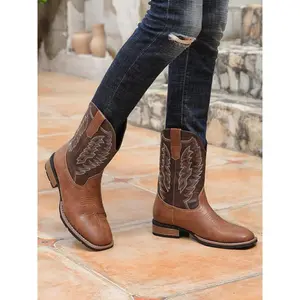 Men's Vintage Embroidered Pattern Western Cowboy Boots, Casual Comfortable Mid-calf Boots for Daily Wear, Fashion Shoes for Party, Daily Clothing Decor for Men