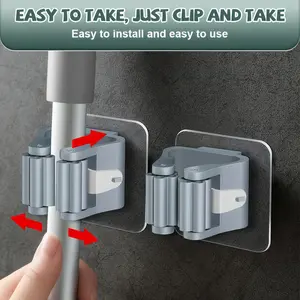 3-Pack Mop Hooks, No-Drill Strong Adhesive Wall Mount, Toilet Broom Holder, Mop Clips, Storage Device, Easy Install, Durable