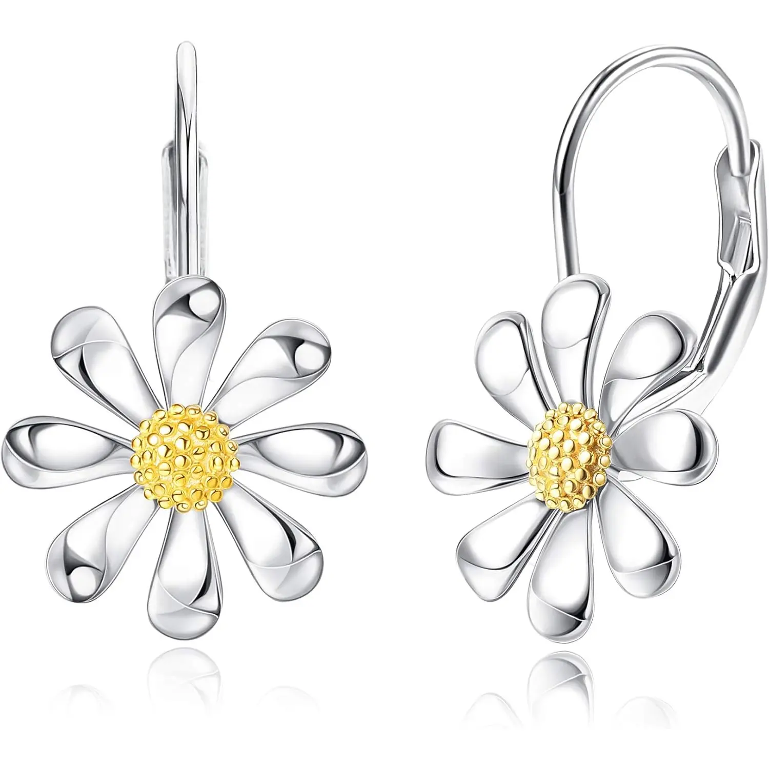 FUNRUN S925 Sterling Silver Daisy Leverback Earrings 18K White Gold Plated Flower Dangle Earrings | Hypoallergenic for Sensitive Ears | Perfect Gift for Her