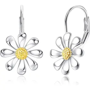 FUNRUN S925 Sterling Silver Daisy Leverback Earrings 18K White Gold Plated Flower Dangle Earrings | Hypoallergenic for Sensitive Ears | Perfect Gift for Her summerwins