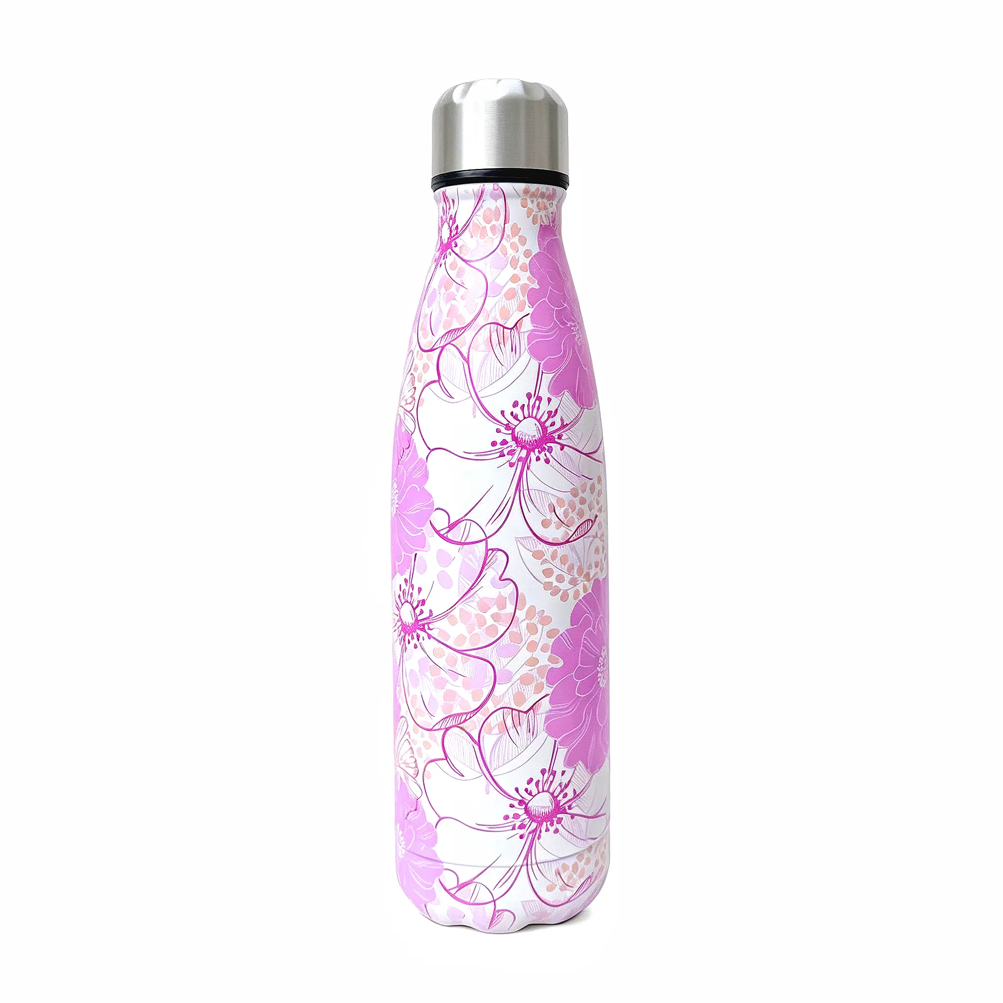 New Style Narrow Mouth Cola Bottle Thermal Flask - 304 Stainless Steel, 500ml, 5D Floral Print, Summer Pink Blossoms Series, Leak-Proof Portable Insulated Water Bottle for Adults, Home Life, Gifting