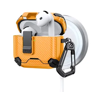 Automatic Pop-Up Carbon Fiber Case with Stand, Wireless Magnetic Charging Anti-Drop Earphone Cover for AirPods 4 Pro2 Pro